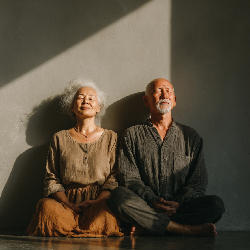 Пожилая женщина занимается йогой