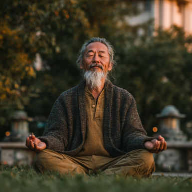 Группа зрелых людей занимается йогой